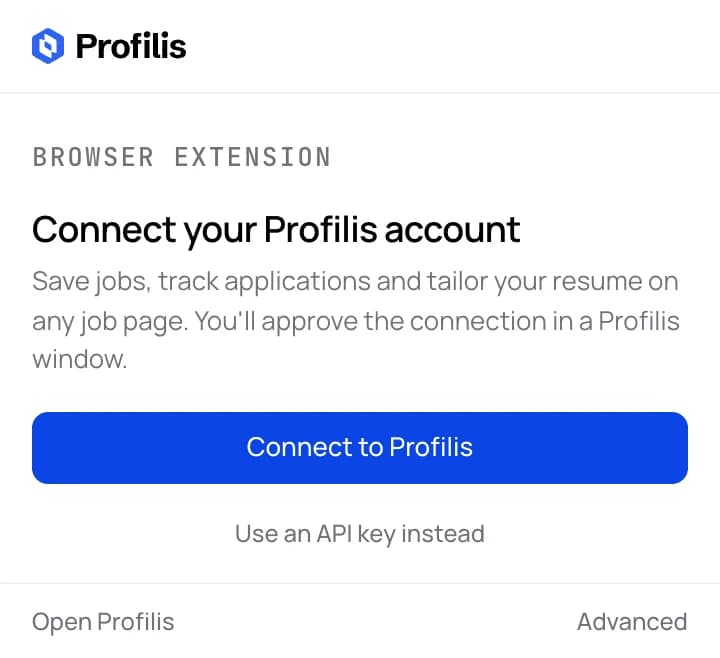 A Profilis-bővítmény oldalsó panelje a „Connect to Profilis” gombbal